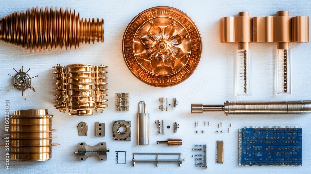 Poster a collection of intricate metallic components arranged neatly, showcasing various gears, plates, and