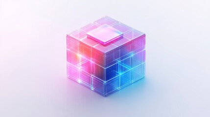 A futuristic, glowing cube with a vibrant gradient, symbolizing technology, innovation, and digital concepts against a soft background.