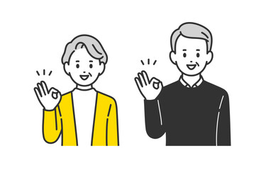 OKサインのポーズをするシニア男女･老夫婦のセット【人物ベクターイラスト素材】
