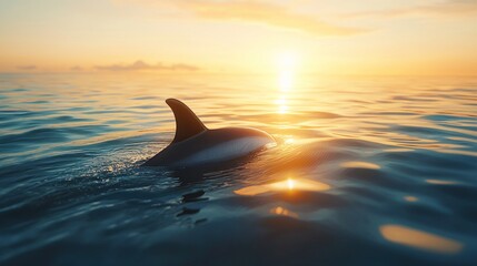 Obraz premium Dolphin fin emerges at sunset, ocean waves.