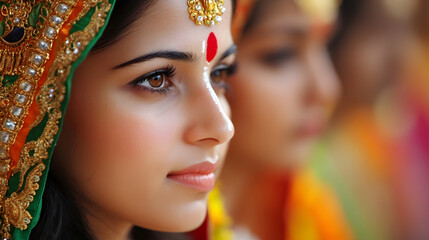 Obraz premium Young Woman in Traditional Indian Attire with Cultural Makeup and Accessories : Generative AI