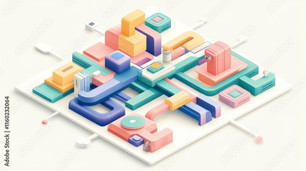 Poster a colorful, abstract 3d cityscape with geometric shapes and pathways, creating a playful and modern 