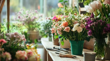 A tranquil floral arrangement studio with florist tools and fresh flowers, Floral arrangement tools arranged on a floral design table, Botanical studio style