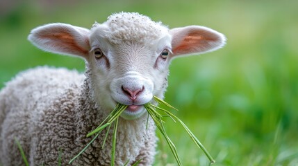 Obraz premium Close-up of a Lamb Eating Grass in a Field