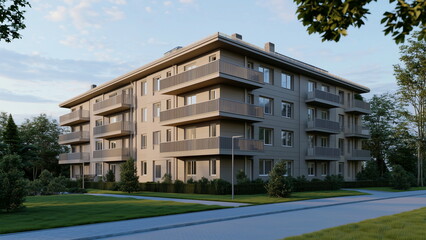 Exterior design of a four storey brown colour residential apartment buildings with windows