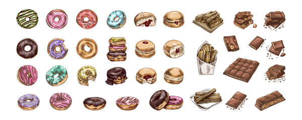 Hand-drawn colorful sketch set of donuts, churros, and chocolates