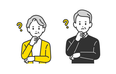 疑問･考えるポーズをするシニア男女･老夫婦のセット【人物ベクターイラスト素材】