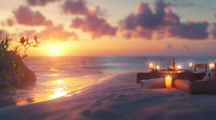 Romantic beach sunset picnic scene with candles and wine.