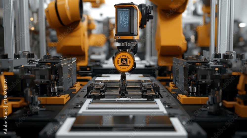 Poster a close-up of a robotic arm in an industrial setting, featuring advanced technology and automation o