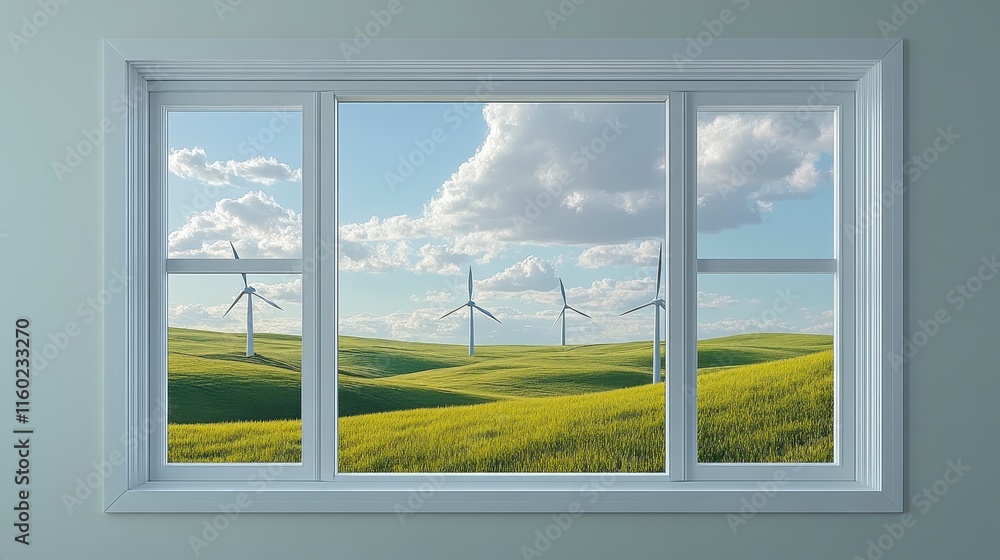 Poster a serene view from a window showcasing lush green fields and wind turbines under a bright sky with f
