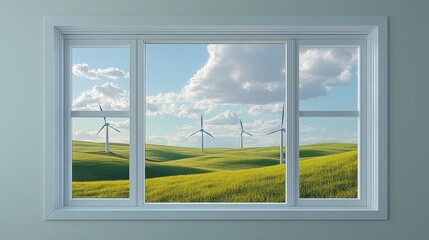 A serene view from a window showcasing lush green fields and wind turbines under a bright sky with fluffy clouds.