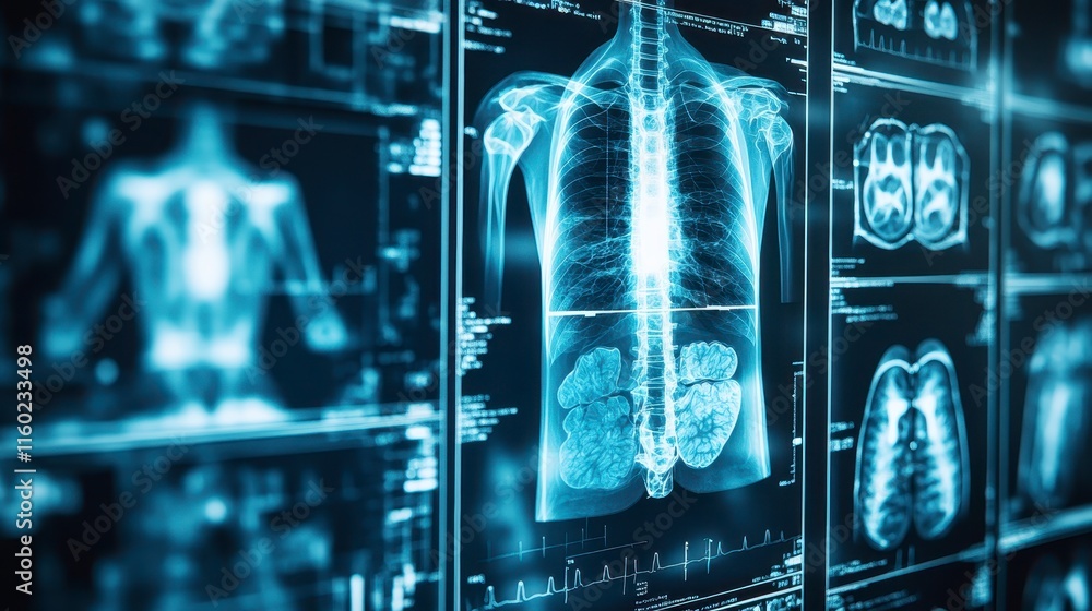 Aufkleber the image displays a series of digital x-ray scans, highlighting the skeletal and internal structure