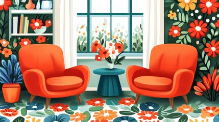 A vibrant and cozy living space featuring orange chairs, a floral rug, and a window surrounded by lush greenery and colorful flowers.