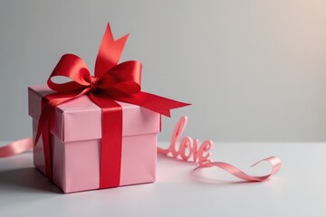 Elegant red ribbon tied gift boxes, "Love" label, present, design