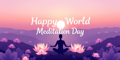 A radiant and spiritual typography design on the meditation day in calming lavender and white tones, surrounded by glowing lotus flowers, a meditating silhouette, and a serene sunrise