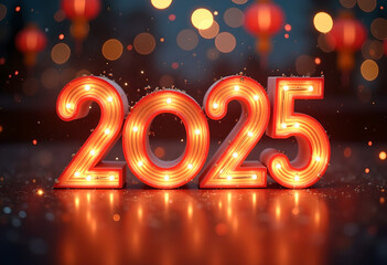 2025 New Year's glowing light round numbers ornament on floor with light bokeh and dark scene city background, Happy New Year concept for 2025