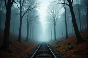 Obraz premium Abandoned railway track disappearing into a mist covered forest
