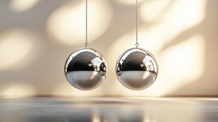Two chrome spheres hanging, reflecting light.