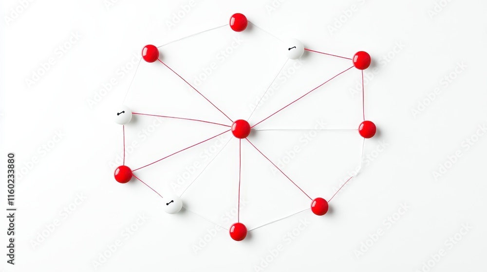 Poster a geometric arrangement of red and white nodes connected by lines, illustrating a network or connect