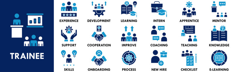Trainee icon collection set. Containing design trainee, professional, work, business, employee