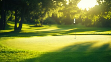 Obraz premium A tranquil golf course with golfing equipment and lush fairways, Golfing equipment set up on manicured greens, Golfing leisure style