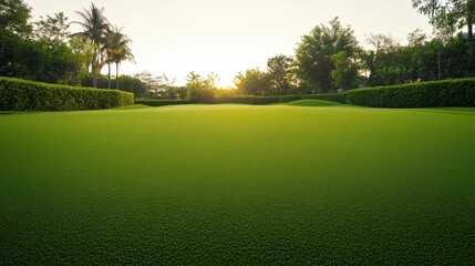 Obraz premium A tranquil golf putting green at dusk, Pristine lawn under soft evening light, Elegant sporting ambiance