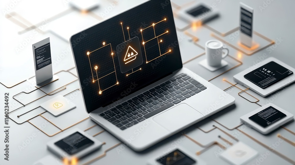 Poster a sleek laptop displays digital schematics surrounded by various devices, representing a tech-driven