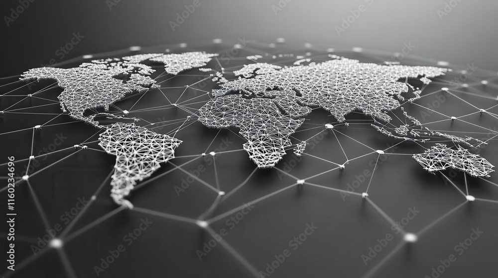 Poster a stylized, monochrome world map composed of interconnected dots and lines, symbolizing global conne