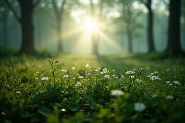 Fototapeta premium Soft light shining on dewdrops in a foggy forest meadow