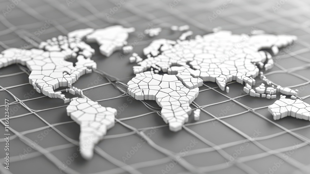 Poster a minimalistic black-and-white world map displayed on a grid background, emphasizing geography and c
