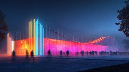 Illuminated futuristic building at night with roller coaster, people walking.