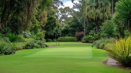A tranquil golf putting green in a historic botanical garden, Golf clubs amidst exotic plants and pathways, Botanical elegance style