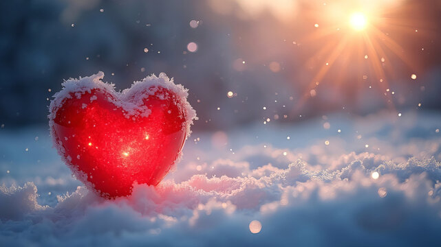 Glowing Red Heart in Snowy Winter Wonderland