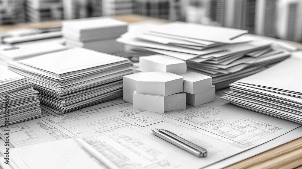 Poster a collection of neatly arranged papers and stationery on a desk, emphasizing organization and worksp