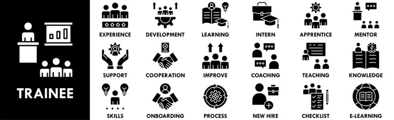 Trainee icon collection set. Containing design trainee, professional, work, business, employee