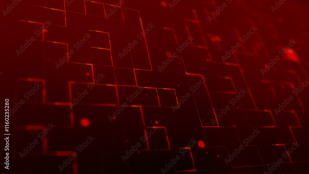 Poster red matrix glowing lines and particles grid on an abstract background, bokeh effect, horizontal comp