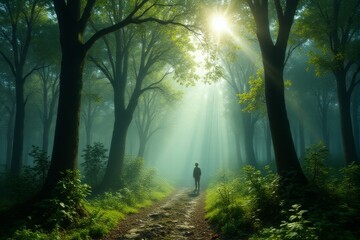 Sunlight streaming through the fog in a lush forest canopy