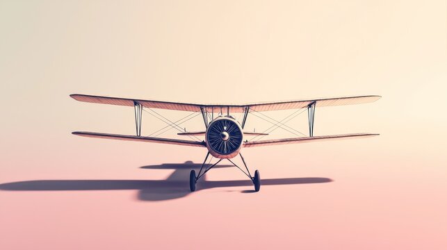 Vintage biplane aircraft front view on pink background.