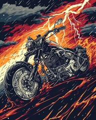 Fiery motorcycle design, perfect for t-shirts.  Ride into the storm with this intense, high-quality illustration. Ideal for apparel and merchandise.
