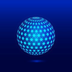 Futuristic digital representation of a glowing blue globe with a hexagonal network pattern, symbolizing global connectivity, advanced technology, and innovation. Perfect for use in technology, AI.