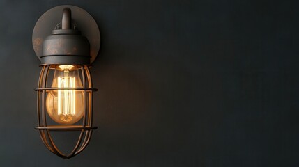 An industrialstyle wall light fixture with a weathered metal cage and exposed bulb