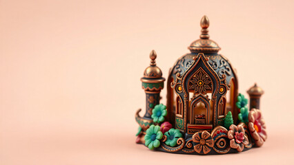 Exquisite Miniature Mosque Adorned with Vibrant Flowers and Golden Accents