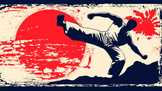 Martial-K&uuml;nstler in dynamischer Kick-Silhouette vor rotem Sonnenhintergrund
