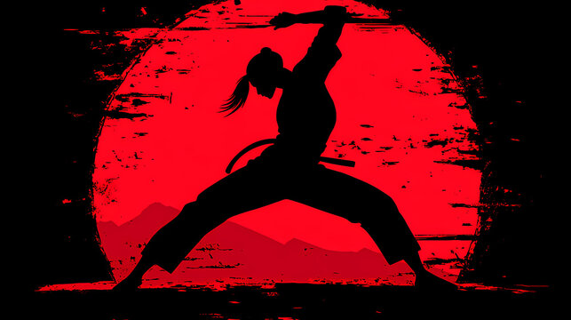 Martial-K&uuml;nstler-Silhouette mit rotem Sonnenhintergrund in dynamischer Kampfpose
