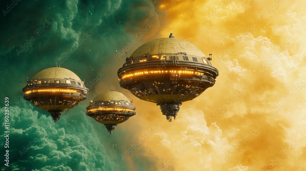 Aufkleber intriguing futuristic spaceships hovering in colorful cloudy atmosphere