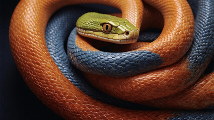 Obraz premium Close-up photo of a coiled snake with vibrant orange, blue, and green scales