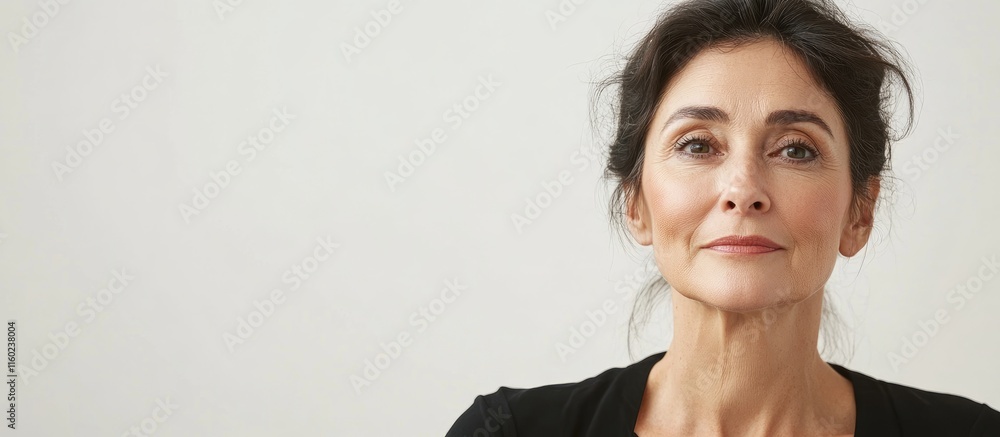 Aufkleber mature woman portrait with neutral expression on white background providing ample space for text or 
