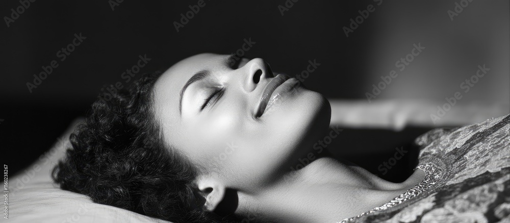 Poster peaceful woman resting on bed with a serene smile high angle view capturing relaxation and tranquili