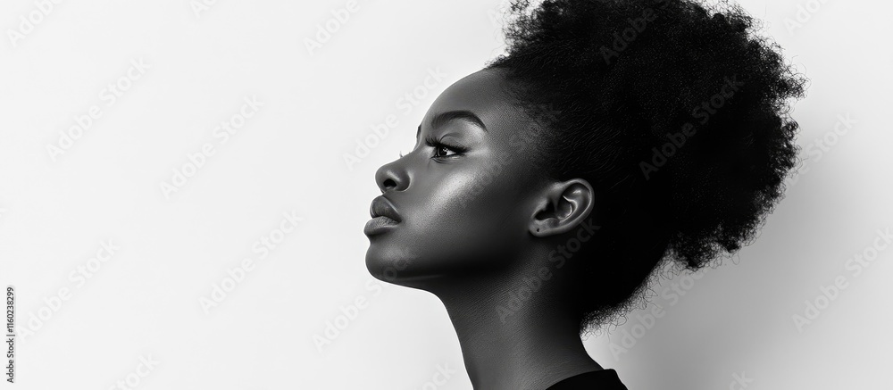 Poster thoughtful black woman in profile against a clean white background emphasizing facial features and c