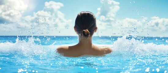 Serene woman in water enjoying summer splashes with a clear sky perfect for vacation themed imagery and promotional content